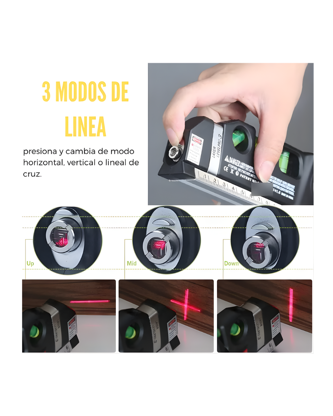 Nivelador Láser 3 en 1 con Cinta Métrica de 2.5 m